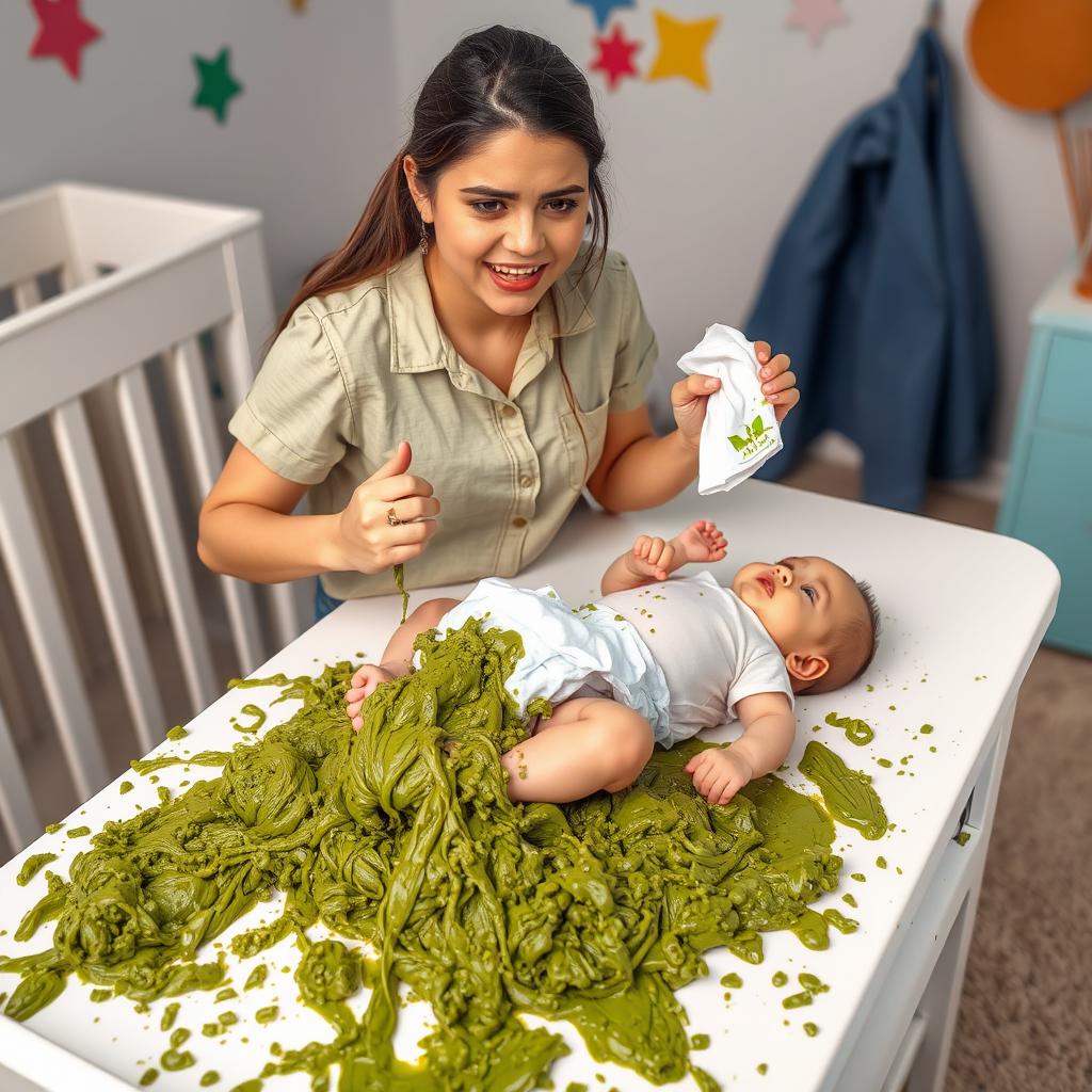 Selena Gomez in a humorous and light-hearted scenario, changing a baby's very messy diaper on a changing table