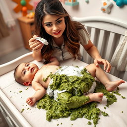 Selena Gomez in a humorous and light-hearted scenario, changing a baby's very messy diaper on a changing table