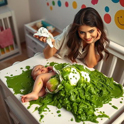 Selena Gomez in a humorous and light-hearted scenario, changing a baby's very messy diaper on a changing table