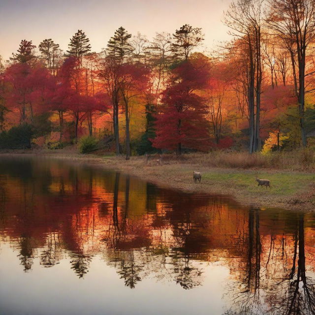 A sunset over a calm lake, surrounded by vibrant autumn trees, their leaves in hues of red, orange, and gold. A family of deers grazes on the shoreline, silhouetted in the fading twilight.