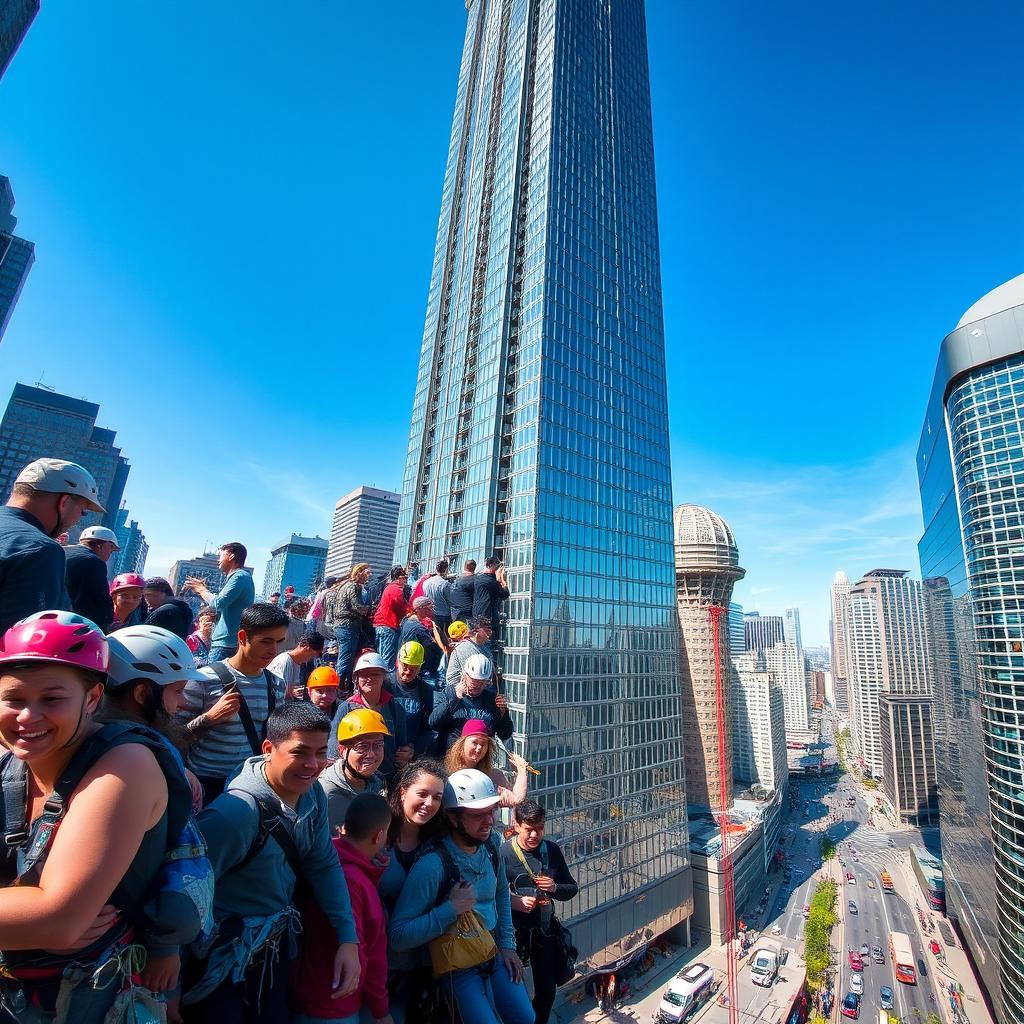 A bustling scene of many people of various ages, ethnicities, and activities climbing a tall skyscraper