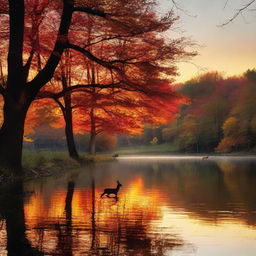 A sunset over a calm lake, surrounded by vibrant autumn trees, their leaves in hues of red, orange, and gold. A family of deers grazes on the shoreline, silhouetted in the fading twilight.