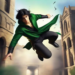 A high-resolution, realistic digital art image capturing a young man, portrayed as a medieval thief, falling