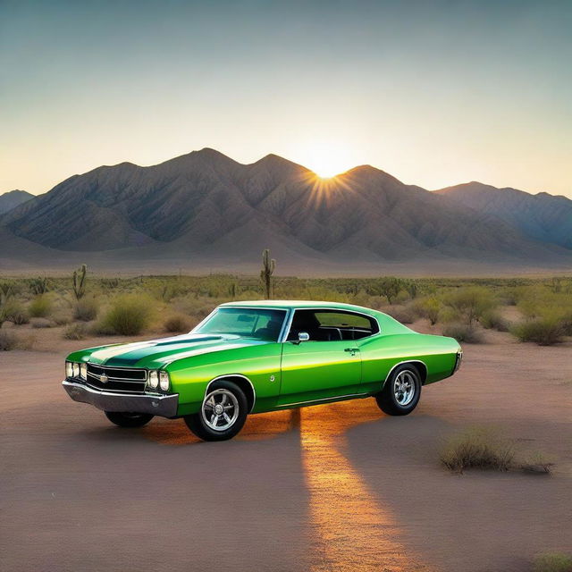 A neon green 1970 Chevrolet Chevelle driving on an empty desert road at sunset, mountains in the distance, blooming cacti on the sides of the road, and the sun casting long, dramatic shadows.