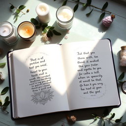 An open journal with beautiful, handwritten pages displaying intricate drawings and inspiring quotes about spirituality