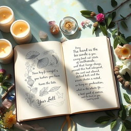 An open journal with beautiful, handwritten pages displaying intricate drawings and inspiring quotes about spirituality