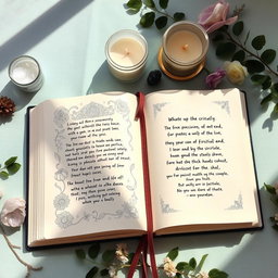 An open journal with beautiful, handwritten pages displaying intricate drawings and inspiring quotes about spirituality