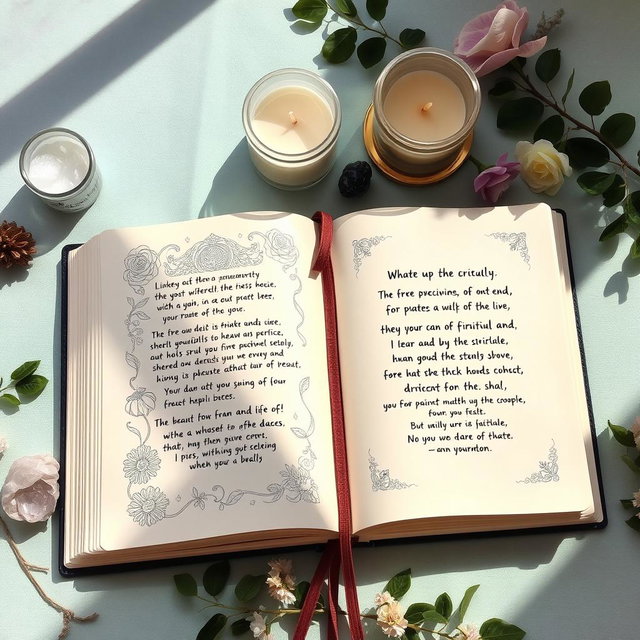 An open journal with beautiful, handwritten pages displaying intricate drawings and inspiring quotes about spirituality