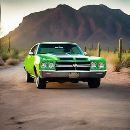 A neon green 1970 Chevrolet Chevelle driving on an empty desert road at sunset, mountains in the distance, blooming cacti on the sides of the road, and the sun casting long, dramatic shadows.