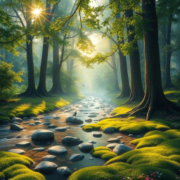 A serene, lush landscape depicting a tranquil forest scene at sunrise