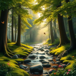 A serene, lush landscape depicting a tranquil forest scene at sunrise