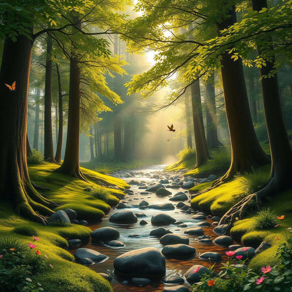 A serene, lush landscape depicting a tranquil forest scene at sunrise