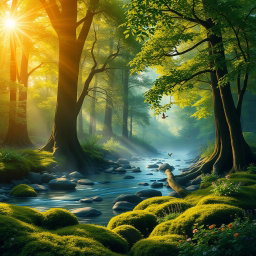 A serene, lush landscape depicting a tranquil forest scene at sunrise