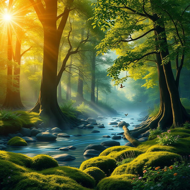 A serene, lush landscape depicting a tranquil forest scene at sunrise