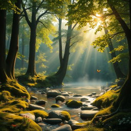 A serene, lush landscape depicting a tranquil forest scene at sunrise