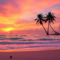 A breathtaking sunset over a tranquil ocean, where the sky is painted in vibrant hues of orange, pink, and purple