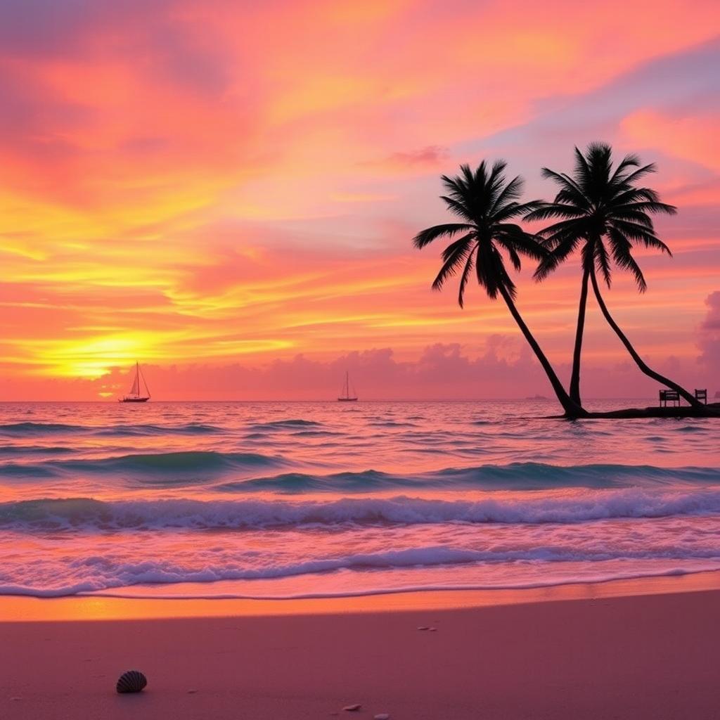 A breathtaking sunset over a tranquil ocean, where the sky is painted in vibrant hues of orange, pink, and purple