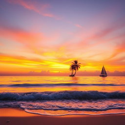 A breathtaking sunset over a tranquil ocean, where the sky is painted in vibrant hues of orange, pink, and purple