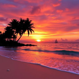 A breathtaking sunset over a tranquil ocean, where the sky is painted in vibrant hues of orange, pink, and purple