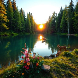 A breathtaking forest landscape featuring a serene lake surrounded by lush greenery
