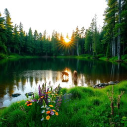 A breathtaking forest landscape featuring a serene lake surrounded by lush greenery