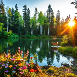 A breathtaking forest landscape featuring a serene lake surrounded by lush greenery