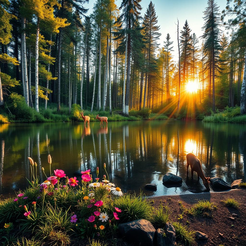 A breathtaking forest landscape featuring a serene lake surrounded by lush greenery