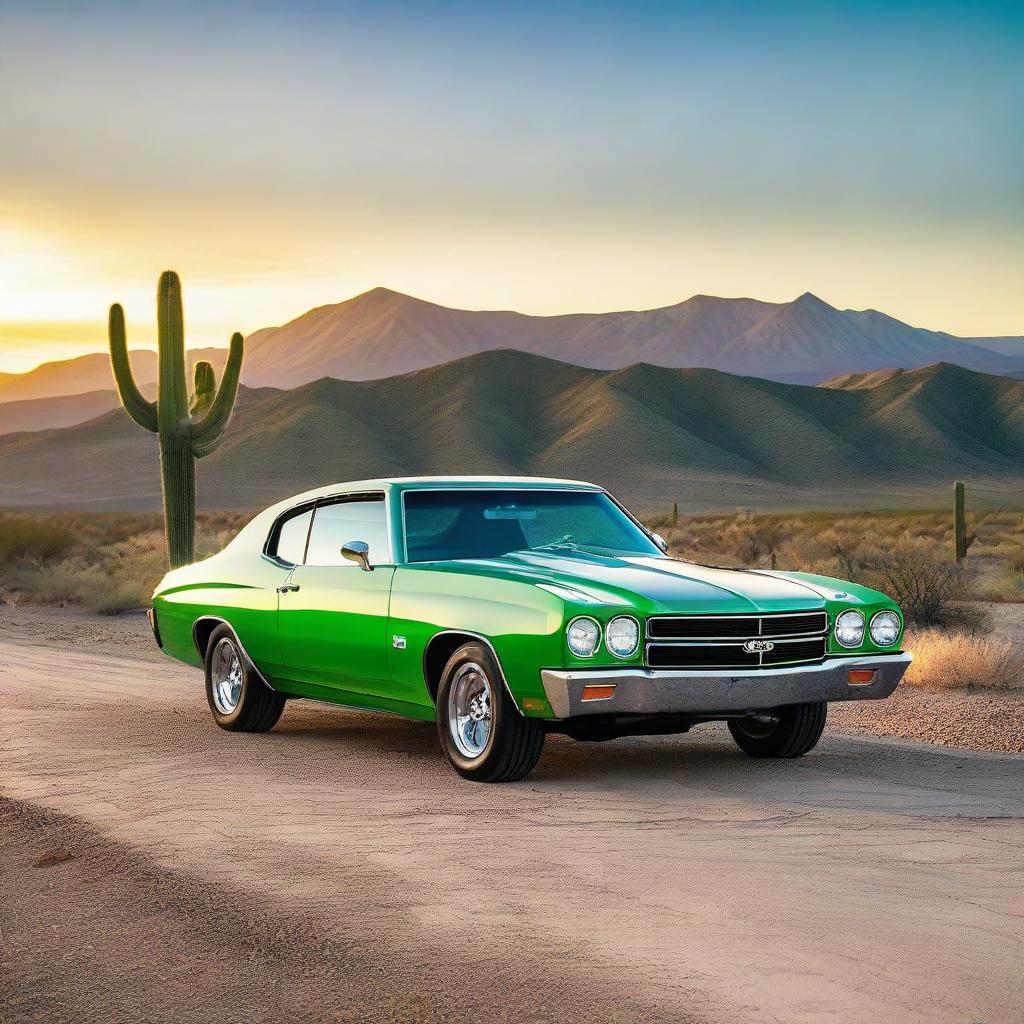 A neon green 1970 Chevrolet Chevelle driving on an empty desert road at sunset, mountains in the distance, blooming cacti on the sides of the road, and the sun casting long, dramatic shadows.