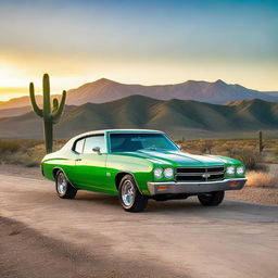 A neon green 1970 Chevrolet Chevelle driving on an empty desert road at sunset, mountains in the distance, blooming cacti on the sides of the road, and the sun casting long, dramatic shadows.