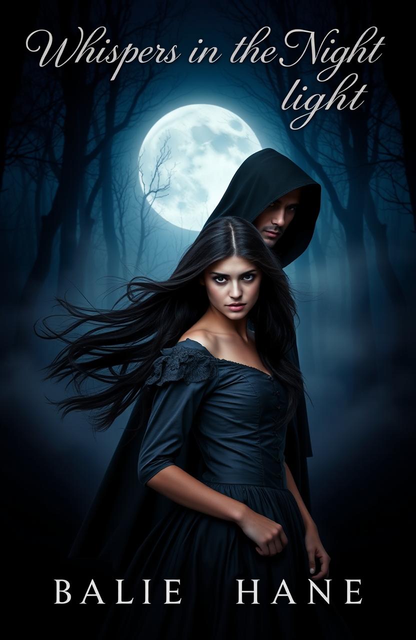 A captivating horror romance cover, featuring a dark, misty forest illuminated by a full moon