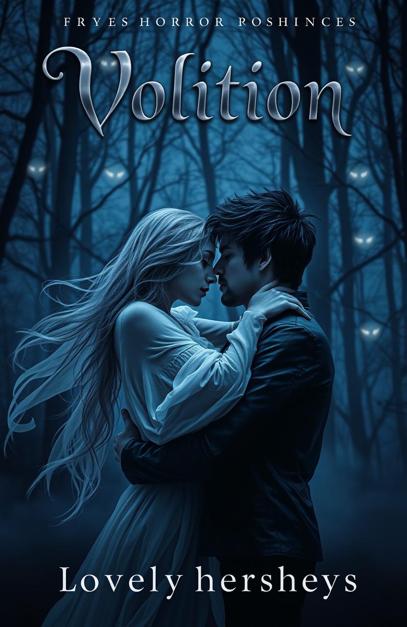 A horror romance book cover for 'Volition' by lovelyhersheys, featuring a dark, misty forest setting at twilight