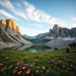 A picturesque scene of the Sierra Mountains during sunrise, showcasing towering granite peaks bathed in golden light
