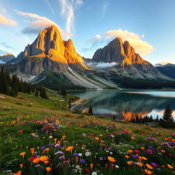 A picturesque scene of the Sierra Mountains during sunrise, showcasing towering granite peaks bathed in golden light