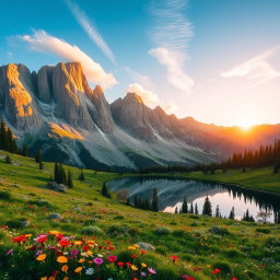 A picturesque scene of the Sierra Mountains during sunrise, showcasing towering granite peaks bathed in golden light
