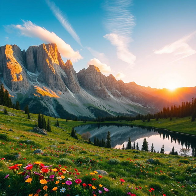 A picturesque scene of the Sierra Mountains during sunrise, showcasing towering granite peaks bathed in golden light