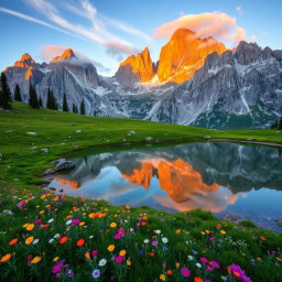 A picturesque scene of the Sierra Mountains during sunrise, showcasing towering granite peaks bathed in golden light
