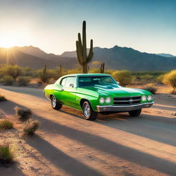 A neon green 1970 Chevrolet Chevelle driving on an empty desert road at sunset, mountains in the distance, blooming cacti on the sides of the road, and the sun casting long, dramatic shadows.