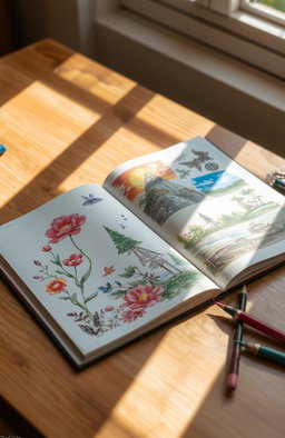 A beautiful, artistic sketchbook lying open on a wooden table, with vibrant, colorful sketches of nature, including flowers, trees, and landscapes