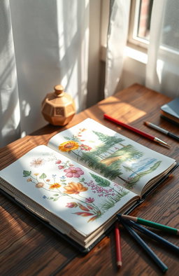 A beautiful, artistic sketchbook lying open on a wooden table, with vibrant, colorful sketches of nature, including flowers, trees, and landscapes