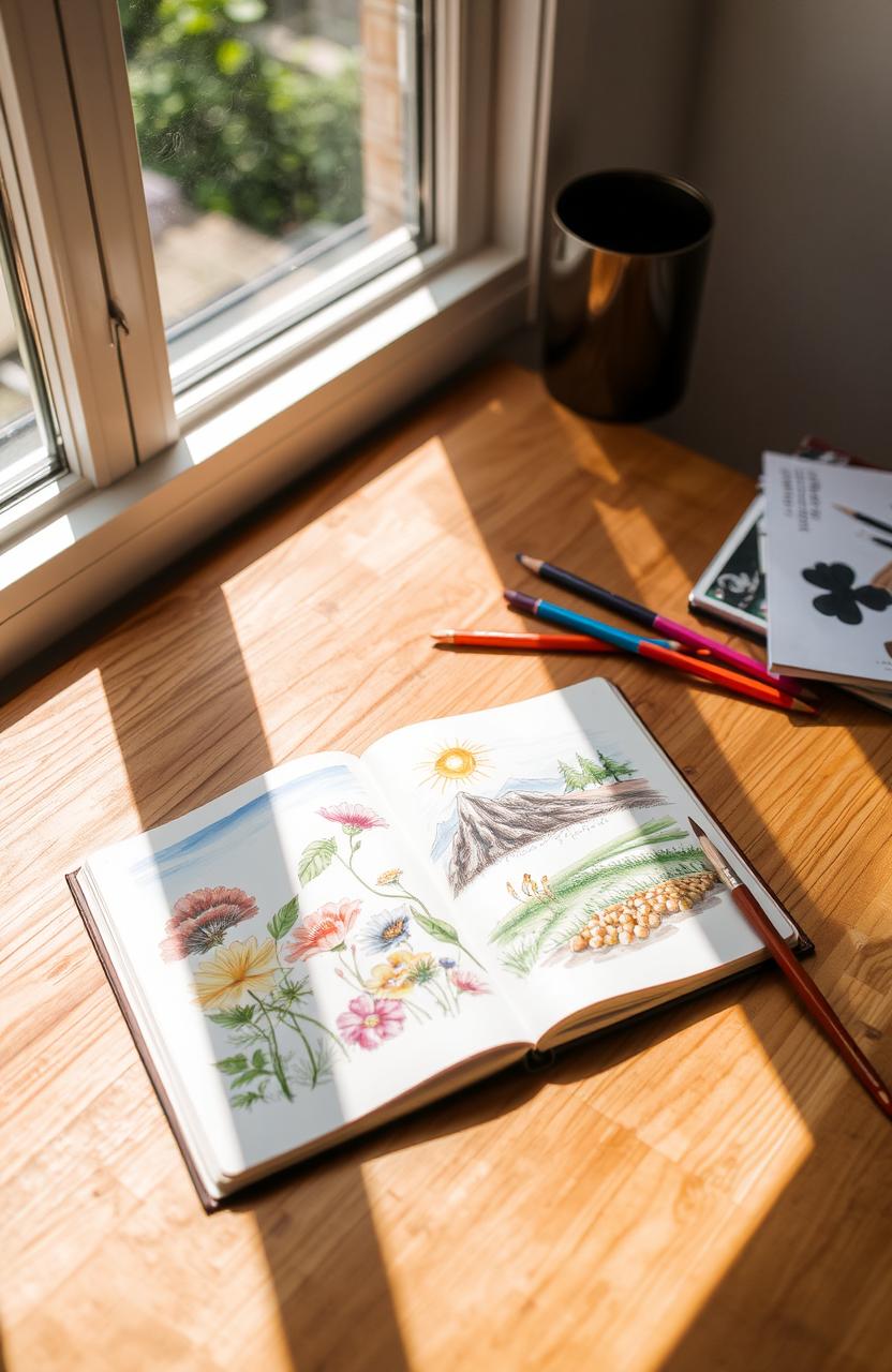 A beautiful, artistic sketchbook lying open on a wooden table, with vibrant, colorful sketches of nature, including flowers, trees, and landscapes