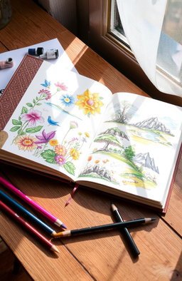 A beautiful, artistic sketchbook lying open on a wooden table, with vibrant, colorful sketches of nature, including flowers, trees, and landscapes