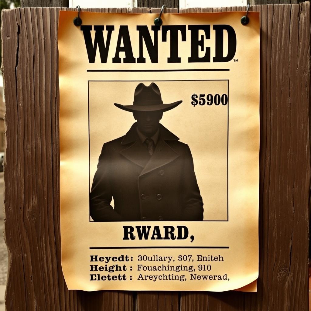A wanted poster featuring a mysterious fugitive
