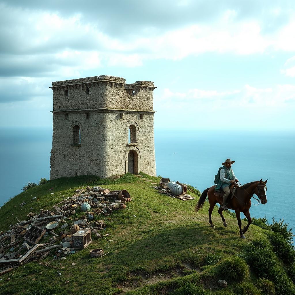 A half-ruined Frankish tower perched on a hill scattered with ancient artifacts, alongside an Italian horse-riding traveler