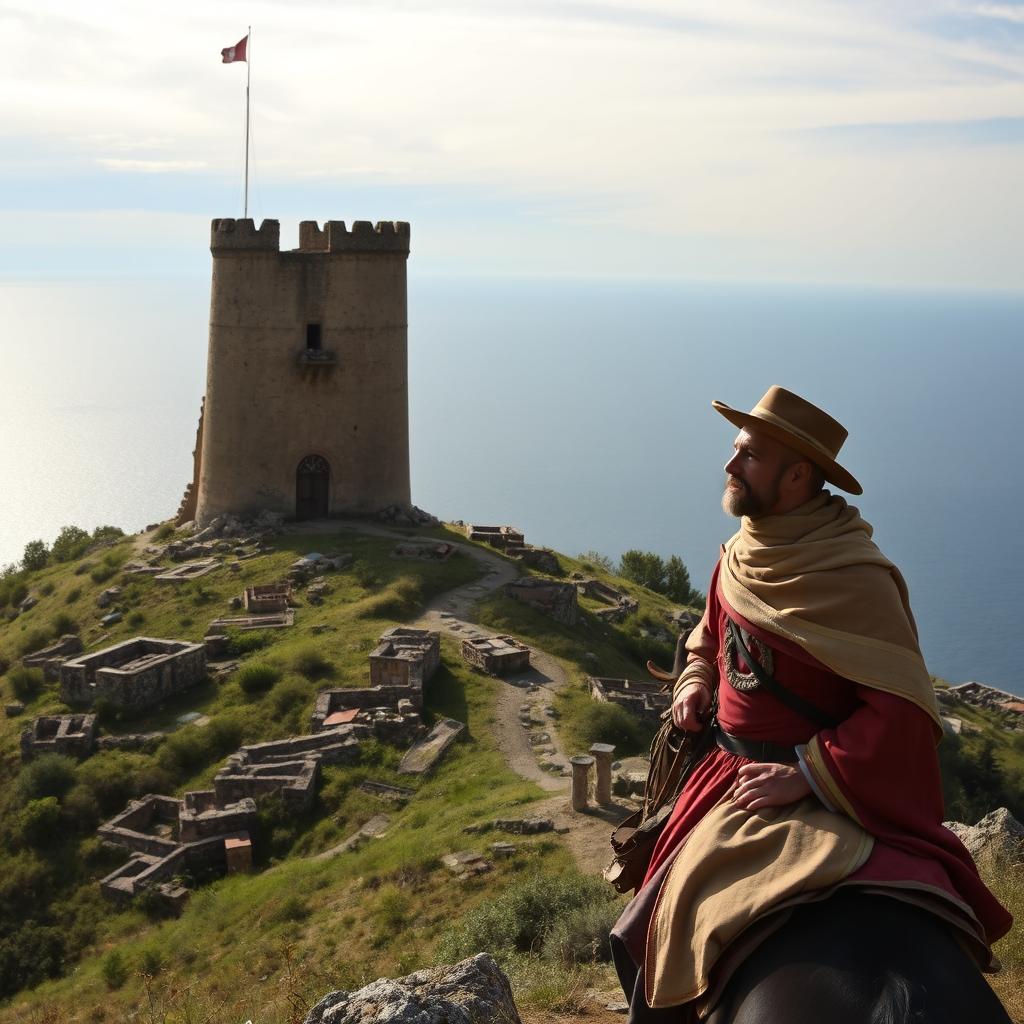 A half-ruined Franco tower on a hill scattered with ancient ruins