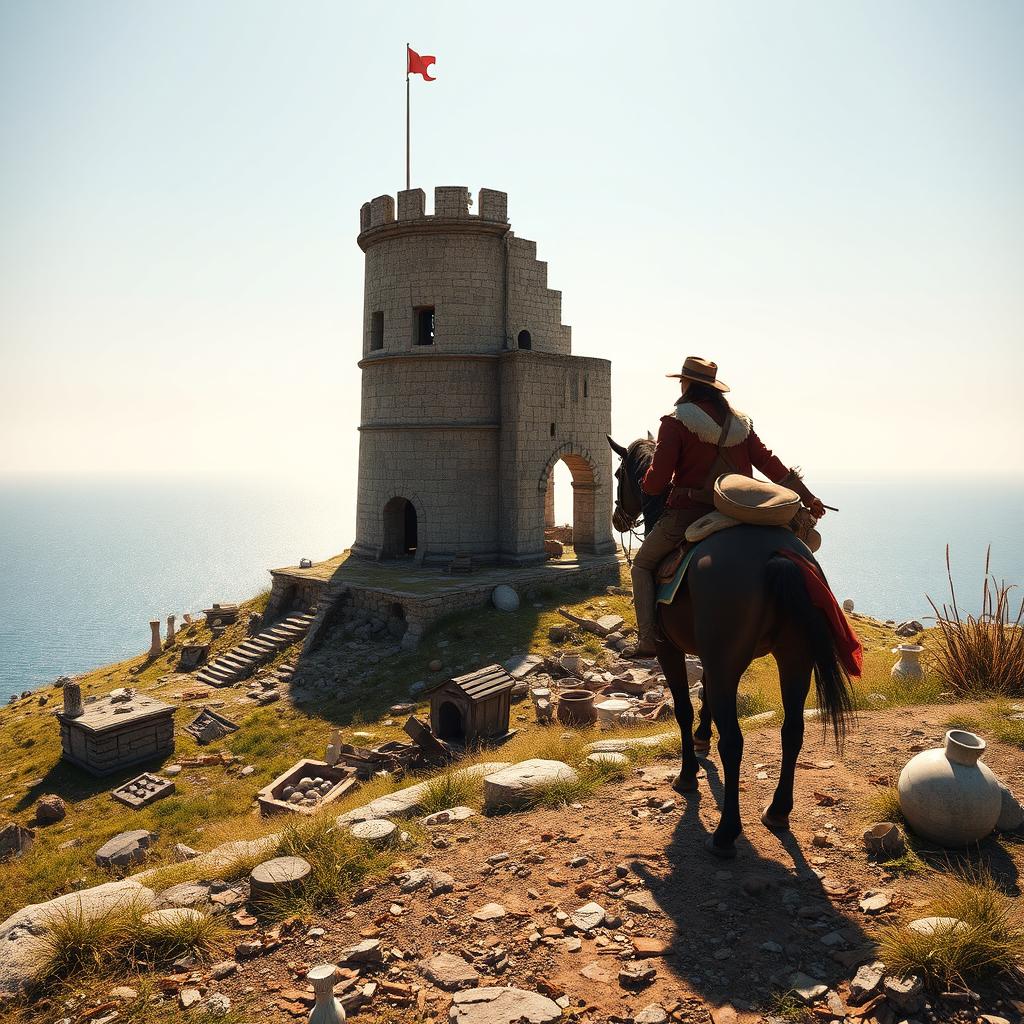 A half-ruined Frankish tower standing elegantly on a hill scattered with ancient relics and artifacts
