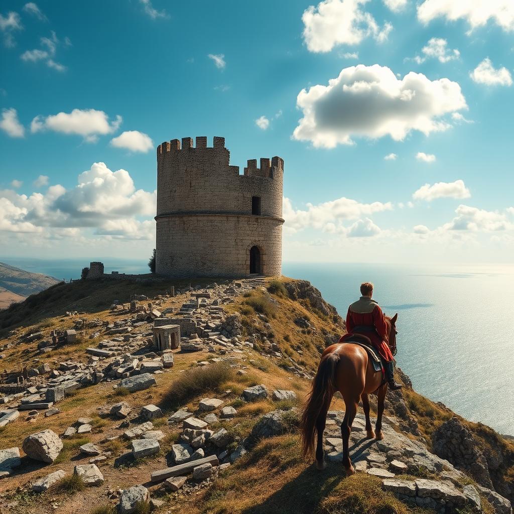 A partially ruined Frankish tower perched on a hillside scattered with ancient relics and ruins