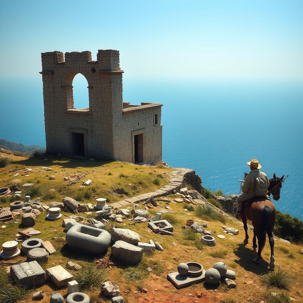 A half-ruined square Franciscans tower on a hill scattered with ancient artifacts, with an Italian horseback traveler nearby