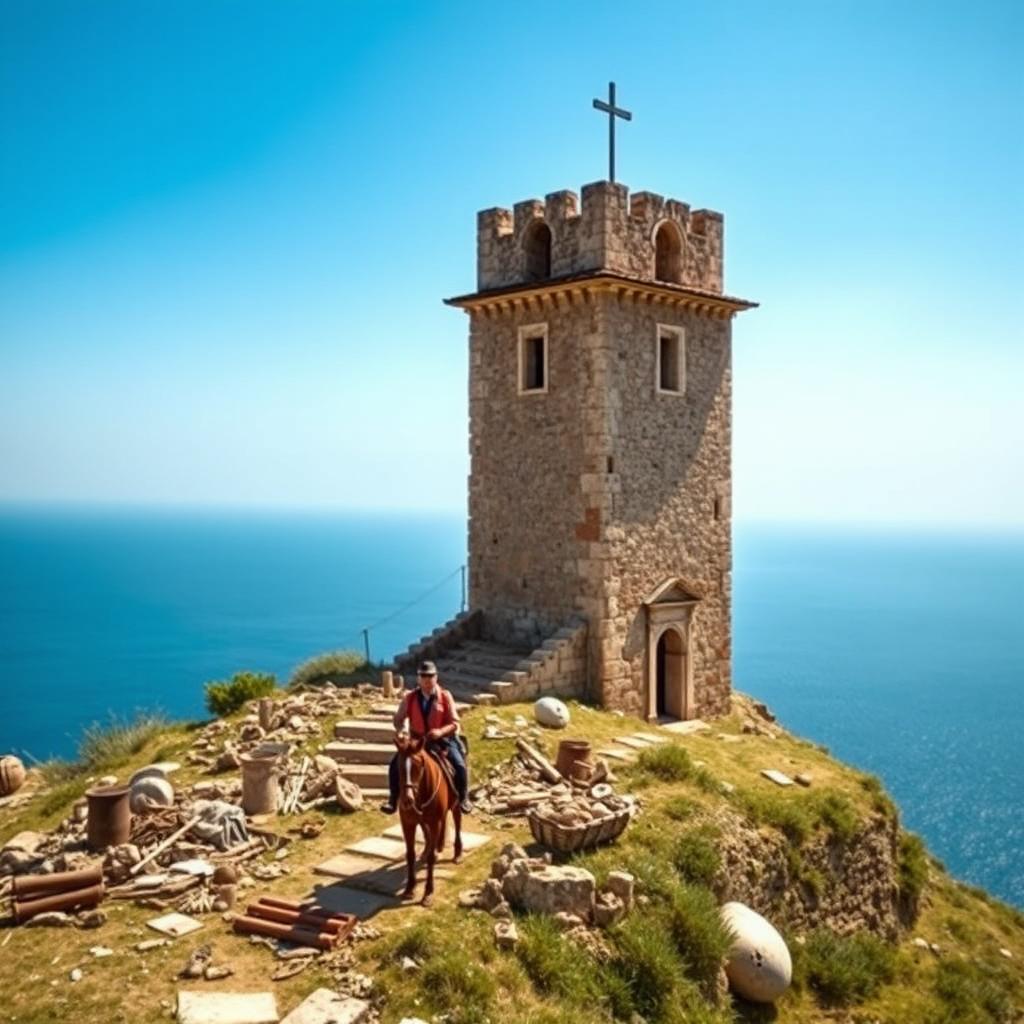A half-ruined square Franciscans tower perched on a hill scattered with ancient artifacts, complemented by an Italian horseback traveler standing beside it