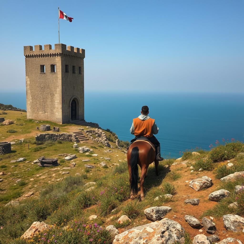 A semi-dilapidated square Frankish tower atop a hill scattered with ancient relics