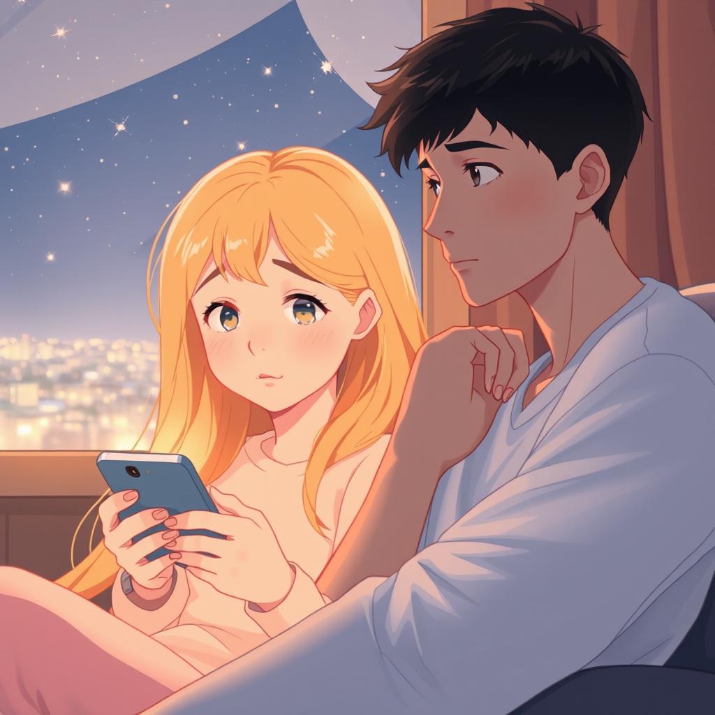 A soft, warm-toned illustration of a girl with bright, expressive eyes, intently looking at her smartphone as she waits for a reply
